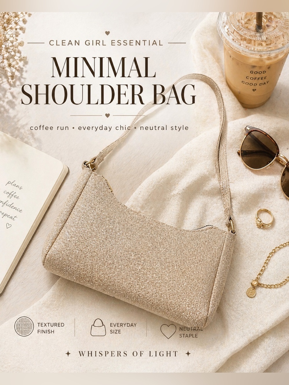 Bon Voyage Beige Textured Shoulder Bag | Minimalist Baguette Purse Neutral Chic